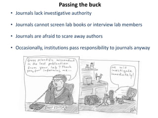 Passing the buck
• Journals lack investigative authority
• Journals cannot screen lab books or interview lab members
• Journals are afraid to scare away authors
• Occasionally, institutions pass responsibility to journals anyway
 