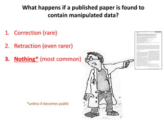 What happens if a published paper is found to
contain manipulated data?
1. Correction (rare)
2. Retraction (even rarer)
3. Nothing* (most common)
*unless it becomes public
 