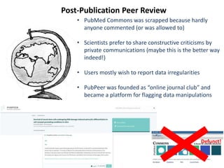 Post-Publication Peer Review
Defunct!
• PubMed Commons was scrapped because hardly
anyone commented (or was allowed to)
• Scientists prefer to share constructive criticisms by
private communications (maybe this is the better way
indeed!)
• Users mostly wish to report data irregularities
• PubPeer was founded as “online journal club” and
became a platform for flagging data manipulations
 