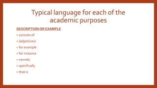 Typical language for each of the
academic purposes
DESCRIPTION OR EXAMPLE
• consists of
• (adjectives)
• for example
• for instance
• namely
• specifically
• that is
 