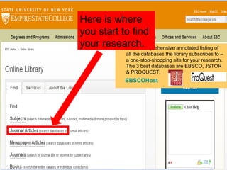 Links to a comprehensive annotated listing of all the databases the library subscribes to – a one-stop-shopping site for your research. The 3 best databases are EBSCO, JSTOR & PROQUEST. EBSCOHost Here is where you start to find your research. 