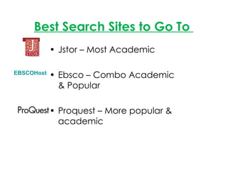Best Search Sites to Go To  Jstor – Most Academic  Ebsco – Combo Academic & Popular Proquest – More popular & academic EBSCOHost   