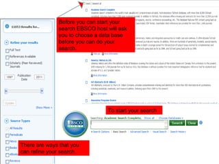 Before you can start your search EBSCO host will ask you to choose a data base before you can do your search.  To start your search  There are ways that you can refine your search.  