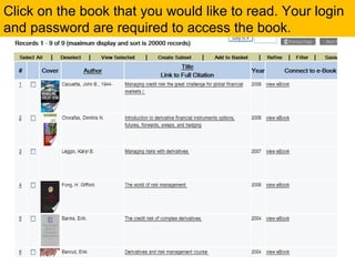 Click on the book that you would like to read. Your login and password are required to access the book.  