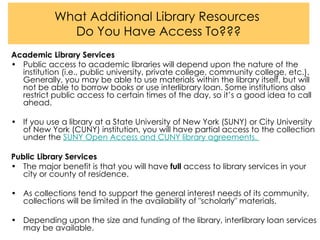 What Additional Library Resources  Do You Have Access To??? Academic Library Services   Public access to academic libraries will depend upon the nature of the institution (i.e., public university, private college, community college, etc.). Generally, you may be able to use materials within the library itself, but will not be able to borrow books or use interlibrary loan. Some institutions also restrict public access to certain times of the day, so it’s a good idea to call ahead.  If you use a library at a State University of New York (SUNY) or City University of New York (CUNY) institution, you will have partial access to the collection under the  SUNY Open Access and CUNY library agreements.  Public Library Services   The major benefit is that you will have  full  access to library services in your city or county of residence.  As collections tend to support the general interest needs of its community, collections will be limited in the availability of "scholarly" materials.  Depending upon the size and funding of the library, interlibrary loan services may be available. 