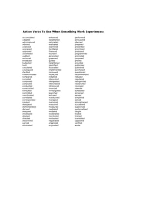 Action Verbs To Use When Describing Work Experiences:

accumulated      enhanced         performed
adapted          established      persuaded
administered     estimated        planned
advised          evaluated        prepared
analyzed         examined         presented
appraised        facilitated      prioritized
approved         financed         produced
assembled        founded          programmed
audited          generated        promoted
authored         governed         proposed
broadcast        guided           proved
budgeted         heightened       provided
built            identified       publicized
calculated       illustrated      published
catalogued       implemented      purchased
clarified        increased        questioned
communicated     inspected        recommended
compared         installed        reduced
compiled         integrated       regulated
composed         interpreted      reorganized
computed         interviewed      researched
conducted        introduced       reviewed
constructed      invented         rewrote
consulted        investigated     scheduled
controlled       launched         screened
coordinated      lectured         served
correlated       maintained       simplified
corresponded     managed          solved
created          marketed         strengthened
delegated        mastered         succeeded
demonstrated     measured         supervised
derived          mediated         systematized
designed         modeled          taught
developed        moderated        traded
devised          monitored        trained
directed         motivated        translated
discovered       negotiated       upgraded
earned           organized        verified
eliminated       originated       wrote
 