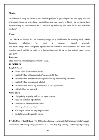 32
Mission
“We believe in using our creativity and aesthetic potential in providing flexible packaging solutions
which make packaging easier, faster, more efficient and user friendly. In this way we too have a share
in contributing to the conservation of resources by enhancing the shelf life of the perishable
products.”
Vision
“At UFLEX we believe that, to eventually emerge as a World leader in providing total Flexible
Packaging solutions, we need a customer focused approach.
The way to being a world class player is paved with state-of-the-art facilities blended with world class
practices. And it shall be our endeavor to be placed amongst the top ten international players by the
year 2005.”
Endeavour
Their endeavor is to enhance stake holder’s value.
PRINCIPLES
People Related
 People come first whatever they do
 Each individual is the organization’s responsibility first
 Each individual is competent and capable of taking responsibility for himself
 Each individual is unique and talented
 Each individual is working in the interest of the organization
 NO individual is a write off
Work related
 High priority to quality and process improvements
 Focus on customer expectations
 Environment friendly manufacturing
 Working with facts and data
 Working on causes not only on phenomena
 Cost efficiency , Respect for people
UFLEX Converting Division- The $150million flagship company of the Flex group is India's largest
manufacturer of flexible packaging materials. It is a one-stop shop offering a wide range of packaging
 