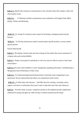 73
K.R.A 3 - To Provide continuous communication to the customers about their samples, orders and
other logistics issues
K.R.A 4 - To Maintain excellent communication and coordination with Supply Chain, R&D,
Quality, Finance and Marketing
K.R.A 5 – To arrange for meeting revenue targets by developing, managing and growing the
business.
.K.R.A 6 - To Develop and promote market (country/region) specific products, execute market
specific policies.
SALES MANAGER
K.R.A 1 - Developing a business plan and sales strategy for the market that ensures attainment of
company sales goals and profitability
K.R.A 2 - Prepare action plans by individuals as well as by team for effective search of sales leads
and prospects.
K.R.A 3 - Provides timely feedback to senior management regarding performance. And Reporting to
Management about Performance of Sales Team.
K.R.A 4 - To Understand departmental financial data to determine what is happening in your
department. Review financial data that affects your department's profit centers
. K.R.A 5 – To Meet daily with salesman. And Offer them the coaching, counseling, advice,
support, motivation or information they need in order to help them meet their sales objectives
K.R.A 6 - Provides timely, accurate, competitive pricing on all completed prospect applications
submitted for pricing and approval, while striving to maintain maximum profit margin
 