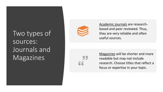 Two types of
sources:
Journals and
Magazines
Academic journals are research-
based and peer reviewed. Thus,
they are very reliable and often
useful sources.
Magazines will be shorter and more
readable but may not include
research. Choose titles that reflect a
focus or expertise in your topic.
 