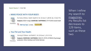 When I refine
my search to
magazines,
my Results list
decreases to
129 items,
such as these
two.
 