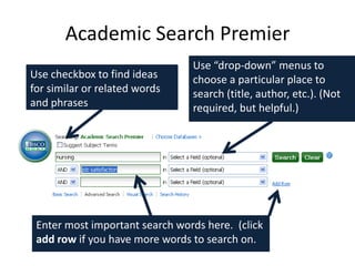 Academic Search Premier
                                Use “drop-down” menus to
Use checkbox to find ideas      choose a particular place to
for similar or related words    search (title, author, etc.). (Not
and phrases                     required, but helpful.)




 Enter most important search words here. (click
 add row if you have more words to search on.
 