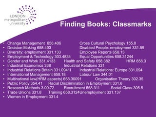 Finding Books: Classmarks Change Management  658.406  Cross Cultural Psychology 155.8 Decision Making 658.403 Disabled People: employment 331.59 Diversity: employment 331.133 Employee Reports 658.13  Employment & Technology 303.4834 Equal Opportunities 658.31244  Gender and Work 331.4133  Health and Safety 658.382  HRM 658.3  Industrial Economics 338  Industrial Relations 331 Industrial Relations Britain 331.0941I Industrial Relations: Europe 331.094 International Management 658.18  Labour Law 344.01  Multinational law(HRM aspects) 658.30091 Organisation Theory 302.35  Public Policy 354.41  Racial Discrimination in Employment 331.6  Research Methods 3 00.72 Recruitment 658.311 Social Class 305.5 Trade Unions 331.8 Training 658.3124 Unemployment 331.137 Women in Employment 331.4 
