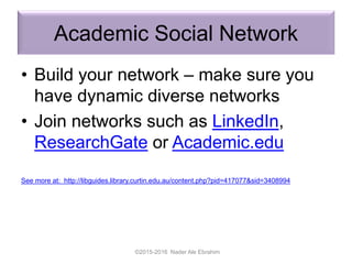 Academic Social Network
• Build your network – make sure you
have dynamic diverse networks
• Join networks such as LinkedIn,
ResearchGate or Academic.edu
See more at: http://libguides.library.curtin.edu.au/content.php?pid=417077&sid=3408994
©2015-2016 Nader Ale Ebrahim
 