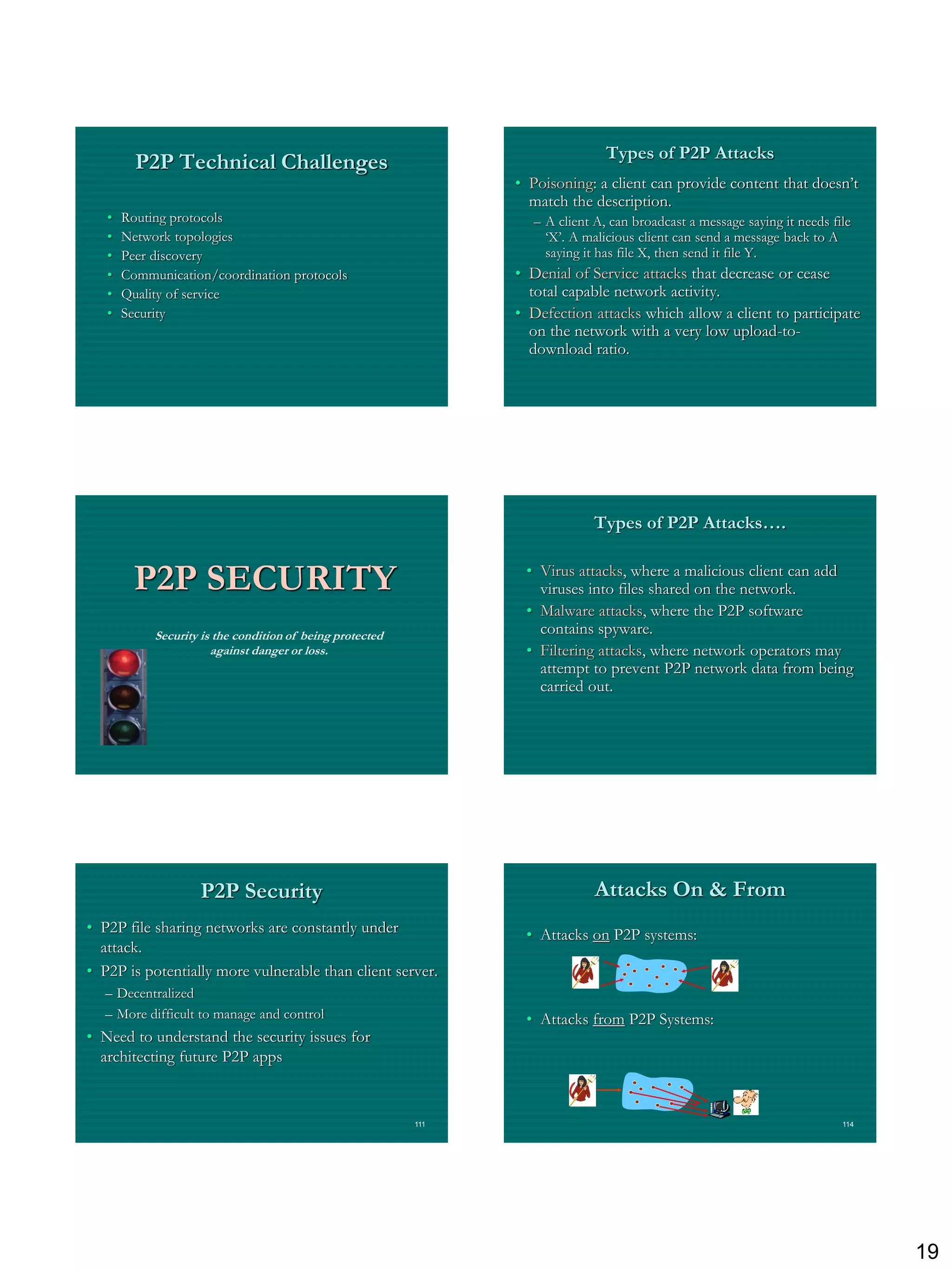 Types of P2P Attacks
         P2P Technical Challenges
                                                                 • Poisoning: a client can provide content that doesn‟t
                                                                   match the description.
   •   Routing protocols                                           – A client A, can broadcast a message saying it needs file
   •   Network topologies                                            „X‟. A malicious client can send a message back to A
   •   Peer discovery                                                saying it has file X, then send it file Y.
   •   Communication/coordination protocols                      • Denial of Service attacks that decrease or cease
   •   Quality of service                                          total capable network activity.
   •   Security                                                  • Defection attacks which allow a client to participate
                                                                   on the network with a very low upload-to-
                                                                   download ratio.




                                                                              Types of P2P Attacks….


         P2P SECURITY                                             • Virus attacks, where a malicious client can add
                                                                    viruses into files shared on the network.
                                                                  • Malware attacks, where the P2P software
            Security is the condition of being protected            contains spyware.
                       against danger or loss.                    • Filtering attacks, where network operators may
                                                                    attempt to prevent P2P network data from being
                                                                    carried out.




                    P2P Security                                              Attacks On & From
• P2P file sharing networks are constantly under                  • Attacks on P2P systems:
  attack.
• P2P is potentially more vulnerable than client server.
  – Decentralized
  – More difficult to manage and control                          • Attacks from P2P Systems:
• Need to understand the security issues for
  architecting future P2P apps


                                                           111                                                             114




                                                                                                                                 19
 