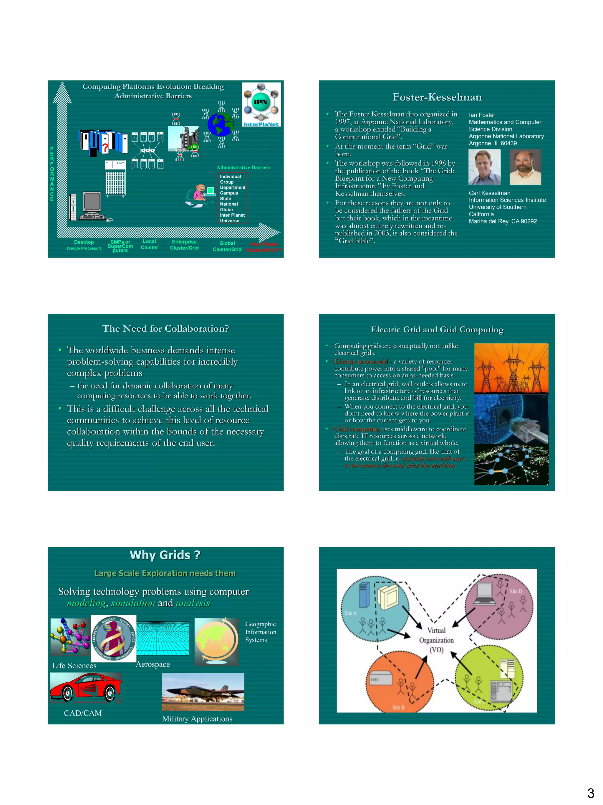 Computing Platforms Evolution: Breaking
                      Administrative Barriers                                                                                               Foster-Kesselman
                                                                                                                  • The Foster-Kesselman duo organized in                  Ian Foster
                                                                                                                    1997, at Argonne National Laboratory,                  Mathematics and Computer
                                                                                                                    a workshop entitled “Building a                        Science Division
                                                                                                                    Computational Grid”.
                                               2100   2100   2100
                                       2100




                                                                                                                                                                           Argonne National Laboratory
                                                                                                                                                                           Argonne, IL 60439
P                          ?                                                                                      • At this moment the term “Grid” was
E                                                                                                                   born.
R
                                                                                                                  • The workshop was followed in 1998 by
                                       2100    2100   2100   2100




F                              2100

                                                                                    Administrative Barriers
O
R                                                                                                                   the publication of the book “The Grid:
M
                                                                                     Individual
                                                                                     Group
                                                                                                                    Blueprint for a New Computing
A
N                                                                                    Department                     Infrastructure” by Foster and
C                                                                                    Campus                         Kesselman themselves.                                  Carl Kesselman
E                                                                                    State                                                                                 Information Sciences Institute
                                                                                     National                     • For these reasons they are not only to                 University of Southern
                                                                                     Globe
                                                                                     Inter Planet
                                                                                                                    be considered the fathers of the Grid                  California
                                                                                     Universe                       but their book, which in the meantime                  Marina del Rey, CA 90292
                                                                                                                    was almost entirely rewritten and re-
                                                                                                                    published in 2003, is also considered the
         Desktop             SMPs or           Local                 Enterprise       Global      Inter Planet
                                                                                                                    “Grid bible”.
      (Single Processor)    SuperCom          Cluster               Cluster/Grid
                              puters                                               Cluster/Grid Cluster/Grid ??




                           The Need for Collaboration?                                                                              Electric Grid and Grid Computing
                                                                                                                  • Computing grids are conceptually not unlike
    • The worldwide business demands intense                                                                        electrical grids.
      problem-solving capabilities for incredibly                                                                 • Electric power grid - a variety of resources
                                                                                                                    contribute power into a shared "pool" for many
      complex problems                                                                                              consumers to access on an as-needed basis.
       – the need for dynamic collaboration of many                                                                  – In an electrical grid, wall outlets allows us to
                                                                                                                        link to an infrastructure of resources that
         computing resources to be able to work together.                                                               generate, distribute, and bill for electricity.
    • This is a difficult challenge across all the technical                                                         – When you connect to the electrical grid, you
                                                                                                                        don‟t need to know where the power plant is
      communities to achieve this level of resource                                                                     or how the current gets to you.
      collaboration within the bounds of the necessary                                                            • Grid computing uses middleware to coordinate
                                                                                                                    disparate IT resources across a network,
      quality requirements of the end user.                                                                         allowing them to function as a virtual whole.
                                                                                                                     – The goal of a computing grid, like that of
                                                                                                                        the electrical grid, is to provide users with access
                                                                                                                        to the resources they need, when they need them.




                                      Why Grids ?
                    Large Scale Exploration needs them

    Solving technology problems using computer
      modeling, simulation and analysis
                                                                                                Geographic
                                                                                                Information
                                                                                                Systems


Life Sciences                           Aerospace




     CAD/CAM
                                                                Military Applications




                                                                                                                                                                                                            3
 