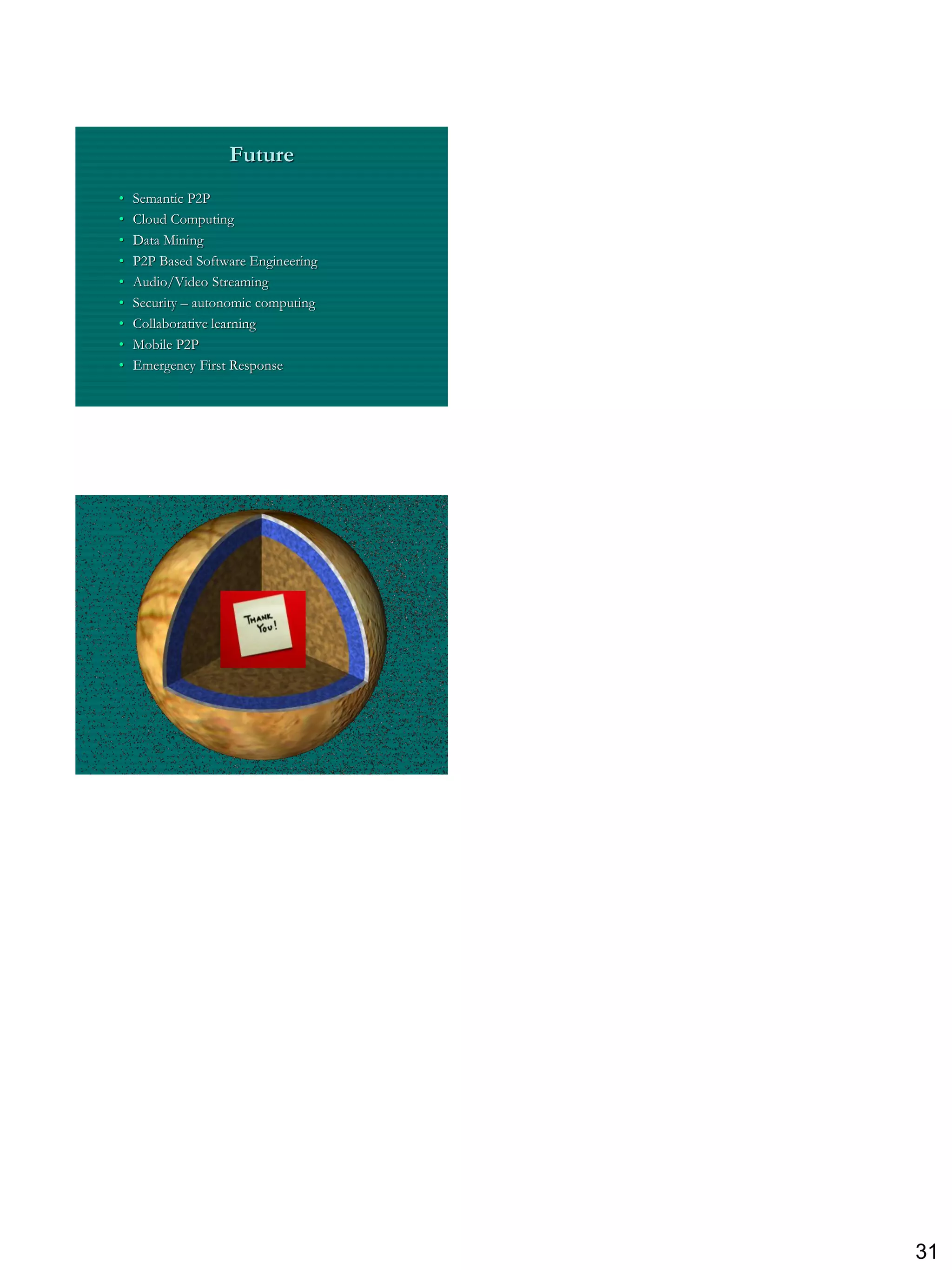 Future
•   Semantic P2P
•   Cloud Computing
•   Data Mining
•   P2P Based Software Engineering
•   Audio/Video Streaming
•   Security – autonomic computing
•   Collaborative learning
•   Mobile P2P
•   Emergency First Response




                                     31
 