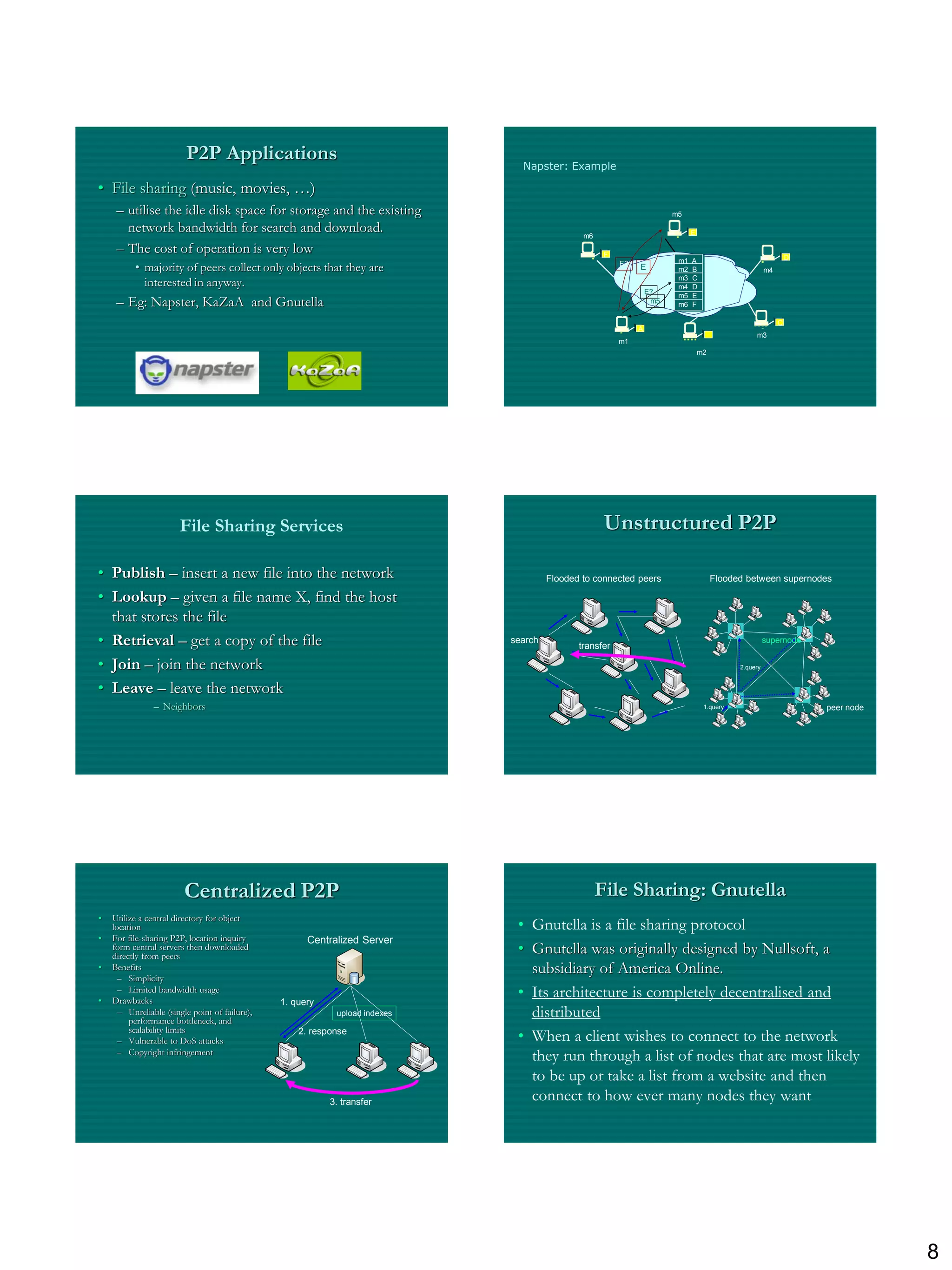 P2P Applications
                                                                               Napster: Example

• File sharing (music, movies, …)
     – utilise the idle disk space for storage and the existing                                                        m5

       network bandwidth for search and download.                                             m6                             E

     – The cost of operation is very low                                                            F
                                                                                                                        m1   A                                 D
          • majority of peers collect only objects that they are                                        E?
                                                                                                             E          m2   B                        m4
            interested in anyway.                                                                                       m3
                                                                                                                        m4
                                                                                                                             C
                                                                                                                             D
                                                                                                                 E?
                                                                                                                        m5   E
     – Eg: Napster, KaZaA and Gnutella                                                                            m5    m6   F

                                                                                                                                                           C
                                                                                                             A
                                                                                                                                                 m3
                                                                                                        m1
                                                                                                                                 m2




                       File Sharing Services                                                        Unstructured P2P

• Publish – insert a new file into the network                                        Flooded to connected peers                      Flooded between supernodes

• Lookup – given a file name X, find the host
  that stores the file
• Retrieval – get a copy of the file                                         search
                                                                                             transfer
                                                                                                                                                      supernode


• Join – join the network                                                                                                                   2.query


• Leave – leave the network
                – Neighbors                                                                                                       1.query                          peer node




                         Centralized P2P                                                           File Sharing: Gnutella
•   Utilize a central directory for object
    location                                                                  • Gnutella is a file sharing protocol
•   For file-sharing P2P, location inquiry            Centralized Server
    form central servers then downloaded
    directly from peers
                                                                              • Gnutella was originally designed by Nullsoft, a
•   Benefits
      – Simplicity
                                                                                subsidiary of America Online.
•
      – Limited bandwidth usage
    Drawbacks                                   1. query
                                                                              • Its architecture is completely decentralised and
      – Unreliable (single point of failure),
         performance bottleneck, and
                                                            upload indexes      distributed
         scalability limits
      – Vulnerable to DoS attacks
                                                    2. response
                                                                              • When a client wishes to connect to the network
      – Copyright infringement
                                                                                they run through a list of nodes that are most likely
                                                                                to be up or take a list from a website and then
                                                           3. transfer          connect to how ever many nodes they want




                                                                                                                                                                               8
 