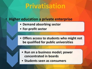 Privatisation
• Higher education a private enterprise
• Demand absorbing sector
• For-profit sector
• Offers access to students who might not
be qualified for public universities
• Run on a business model; power
concentrated in boards
• Students seen as consumers
 