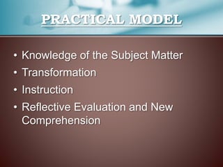 PRACTICAL MODEL 
• Knowledge of the Subject Matter 
• Transformation 
• Instruction 
• Reflective Evaluation and New 
Comprehension 
 