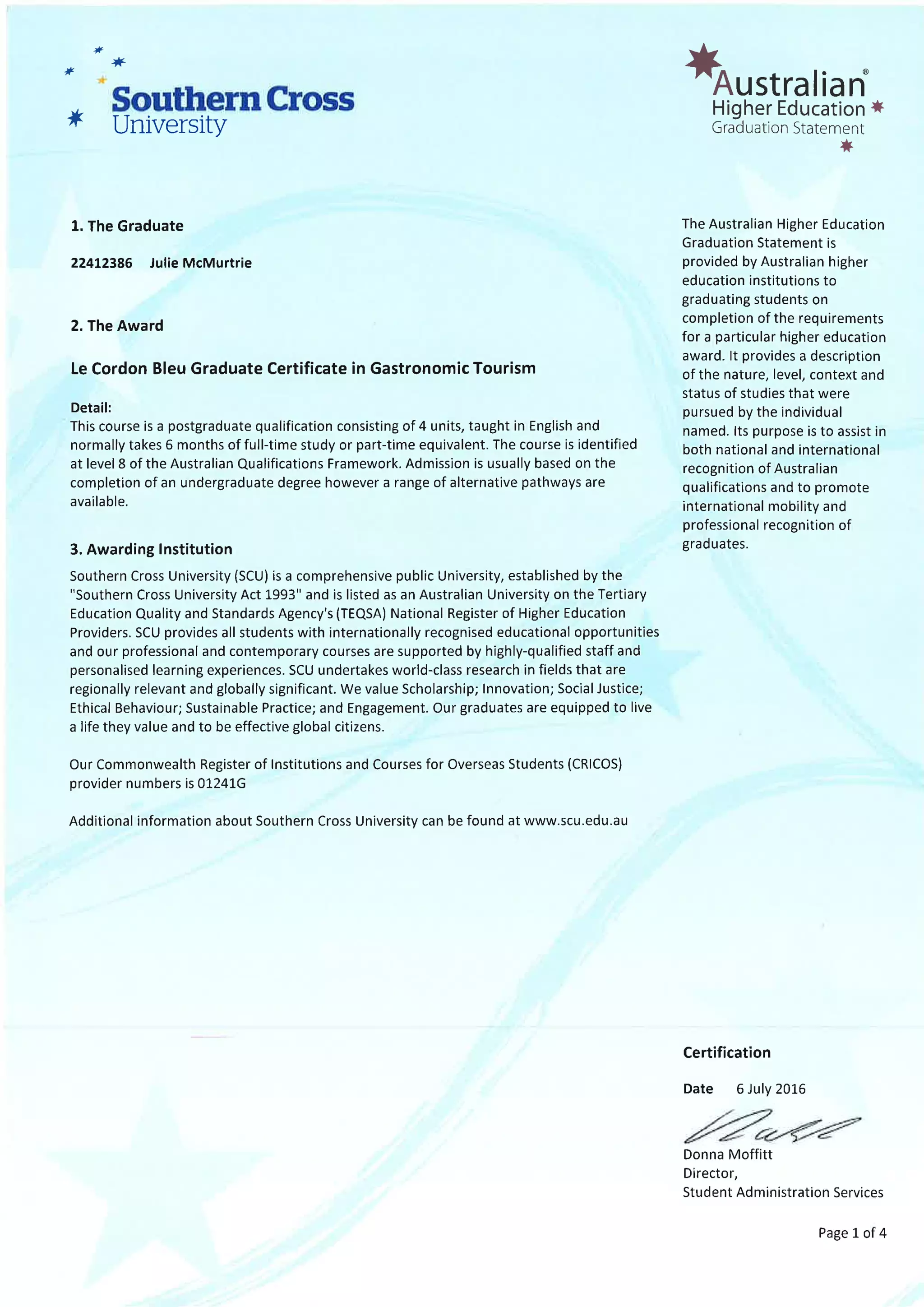 Academic transcript SCU Grad Cert Gastronomic Tourism | PDF