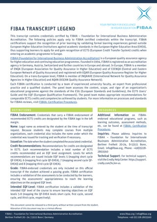 FIBAA – Foundation for International Business Administration Accreditation www.fibaa.org | info@fibaa.org
Berliner Freiheit 20–24 | 53111 Bonn | Germany Telephone: +49 (0) 228-2803560
DEFINITIONS
FIBAA Endorsement: Credentials that carry a FIBAA endorsement of
recommended ECTS credits are designated by the FIBAA logo in the left
margin.
Name: Legal name as entered by the student at the time of transcript
request. Because students may complete courses from multiple
organizations, each credential also includes the name under which the
credential was issued for tracking and verification if necessary.
Issuedon:Thedatewhenthestudentcompletedtheassociatedcredential.
Credit Recommendations: Recommendations for credits are designated
in ECTS. Each recommendation includes a total number of ECTS
credits recommended and an EQF level assignment. Levels for which
recommendations are issued include EQF levels 5 (mapping short cycle
QF-EHEA), 6 (mapping first cycle QF-EHEA), 7 (mapping second cycle QF-
EHEA)) and 8 (mapping third cycle QF-EHEA).
Grade: FIBAA-endorsed credentials are only included on this official
transcript if the student achieved a passing grade. FIBAA certification
includes a validation of the assessments to be conducted by the learners,
ensuring the assessments’ appropriateness to reach the learning
objectives on the assigned EQF level.
Intended EQF-Level: FIBAA certification includes a validation of the
intended EQF level of the course to ensure learning objectives on EQF
levels 5-8 (mapping the QF-EHEA levels short cycle, first cycle, second
cycle, and third cycle, respectively).
RESOURCES
Additional information on FIBAA-
endorsed educational programs, such as
learning outcomes, assessment methods,
etc. can be found at FIBAA: Certification
Procedures.
Inquiries: Please address inquiries to
FIBAA – Foundation for Internationale
Bsuinsees Administration Accreditation,
Berliner Freiheit 20-24, D-53111 Bonn,
Email: info@fibaa.org, Phone: +49(0)228-
2803560
Technical Support: For technical support,
visittheCredlyHelpCenter:https://support.
credly.com/hc/en-us
FIBAA TRANSCRIPT LEGEND
This transcript contains credentials certified by FIBAA – Foundation for International Business Administration
Accreditation. The following policies apply only to FIBAA certified credentials within the transcript. FIBAA
certifications support the recognition of prior learning by validating formal learning experiences gained outside
European Higher Education Institutions against academic standards in the European Higher Education Area (EHEA),
thus supporting learners to apply for and gain recognition of ECTS (European Credit Transfer System) credits when
entering an academic programme in Europe.
FIBAA (Foundation for International Business Administration Accreditation) is a European quality assurance agency
for higher education and continuing education programmes. Founded in 1994, FIBAA is registered as an accreditation
agency in Germany, Austria, Switzerland and further countries in Europe and abroad. In Europe, FIBAA is a member
of ENQA (European Association for Quality Assurance in Higher Education) and of CEENQA (Central and Eastern
European Network of Quality Assurance) and registered with EQAR (European Quality Assurance Register for Higher
Education). On a trans-European level, FIBAA is member of INQAAHE (International Network for Quality Assurance
Agencies in Higher Education) and AQAN (ASEAN Quality Assurance Network).
Each FIBAA certification is conducted by a team of experienced university faculty, an expert from professional
practice and a qualified student. The panel team assesses the content, scope, and rigor of an organization’s
educational programme against the standards of the ESG (European Standards and Guidelines), the ECTS Users’
Guide and the EQF (European Qualification Framework). The panel team makes appropriate recommendations for
comparable ECTS credits and competencies achieved by students. For more information on processes and standards
for FIBAA reviews, visit FIBAA: Certification Procedures.
This document cannot be released to a third party without written consent from the student.
Alteration of this document may be a criminal offense.
 