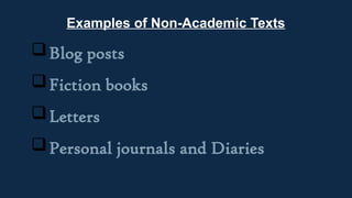 Examples of Non-Academic Texts
Blog posts
Fiction books
Letters
Personal journals and Diaries
 