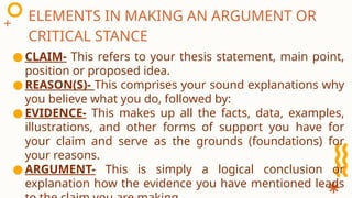 ● CLAIM- This refers to your thesis statement, main point,
position or proposed idea.
● REASON(S)- This comprises your sound explanations why
you believe what you do, followed by:
● EVIDENCE- This makes up all the facts, data, examples,
illustrations, and other forms of support you have for
your claim and serve as the grounds (foundations) for
your reasons.
● ARGUMENT- This is simply a logical conclusion or
explanation how the evidence you have mentioned leads
ELEMENTS IN MAKING AN ARGUMENT OR
CRITICAL STANCE
 