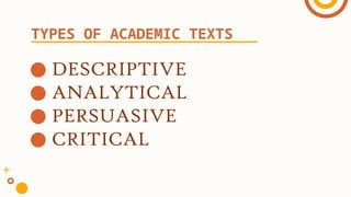 ● DESCRIPTIVE
● ANALYTICAL
● PERSUASIVE
● CRITICAL
TYPES OF ACADEMIC TEXTS
 