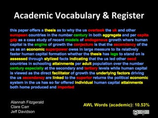 Academic	
  Vocabulary	
  &	
  Register	
  




Alannah Fitzgerald
Clare Carr             AWL Words (academic): 10.53%
Jeff Davidson
 