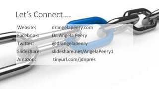 Let’s Connect….
Website: drangelapeery.com
Facebook: Dr. Angela Peery
Twitter: @drangelapeery
Slideshare: slideshare.net/AngelaPeery1
Amazon: tinyurl.com/jdnpres
 