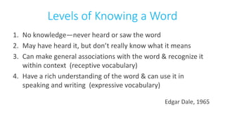 Levels of Knowing a Word
1. No knowledge—never heard or saw the word
2. May have heard it, but don’t really know what it means
3. Can make general associations with the word & recognize it
within context (receptive vocabulary)
4. Have a rich understanding of the word & can use it in
speaking and writing (expressive vocabulary)
Edgar Dale, 1965
 
