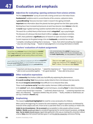 102 Academic Vocabulary in Use
Evaluation and emphasis47
Adjectives for evaluating: opening sentences from science articles
The first comprehensive1
survey of coral reefs is being carried out in the Indian Ocean.
Fundamental2
problems exist in current theories of the universe, a physicist claims.
A groundbreaking3
discovery has been made in research into ageing and death.
Important new information about the planets has been gained from the Orbis space probe.
Working hours have increased and pressures at work have become more intense in the UK.
A crucial stage in global warming could be reached within ten years, scientists say.
The search for a unified theory of the human mind is misguided4
, says a psychologist.
The discovery of a dinosaur-like bone fossil in Africa is unique, according to scientists.
In 1997, Irkan published a significant piece of research on open structures in bridges.
Current responses to the global energy crisis are inadequate, a scientist has warned.
1
complete, including everything that is necessary 2
basic, from which everything else originates
3
very new and a big change 4
based on bad judgement or on wrong information or beliefs
Teachers’ evaluations of student assignments
A
B
1
important and deserving attention 2
stated the importance of 3
basis in truth or reason
4
able to exist successfully together 5
of a good standard 6
clear, able to be proven
Other evaluative expressions
It is noteworthy that Holikov (1996) also had difficulty explaining the phenomenon.
It is worth recalling1
that three previous studies failed to find a link between the two events.
We should recognise/acknowledge how difficult it is to interpret these data.
These results are borne out by2
two other studies: Hermann (1998) and Morello (2001).
In his seminal3
work, Abaka challenges4
current techniques, revealing flaws5
in data interpretation.
1
recall is more formal than remember 2
confirmed, shown to be true 3
containing important new
ideas, very influential 4
questions whether they are correct 5
faults, mistakes or weaknesses; we
can say a method is flawed (adj)
Emphasising
The research underlined/highlighted the need for a new social policy for childcare.
When used at the beginning of a sentence for extra emphasis, negative expressions are followed by
inversion of the subject and verb. A form of do is used when there is no other auxiliary or modal verb.
Under/In no circumstances / On no account is it acceptable to video people without consent.
Seldom / Rarely would such data be considered appropriate for normal research purposes, and in no
way / by no means should anyone regard data gathered in this way as meeting the university’s ethical
criteria. Only when full consent had been given in writing did the researcher commence filming.
C
D
Good! The only criticism I have is that there is a notable1
lack of key references to work before 1990. You should
have given credit to2
earlier work by Wilson and Healey.
There are some solid5
arguments in Section A, but
I think your conclusion in B is mistaken and lacks
hard6
evidence. Your data are rather limited.
I am concerned about the validity3
of some of your
analysis, and as a result, some of your conclusions may
be invalid. Signiﬁcantly, you had problems in Section C.
I don’t think the two diﬀerent analyses you did are compatible4
.
It is not surprising that you had problems matching the two
results, which could be viewed as almost contradictory.
 