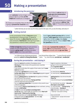 108 Academic Vocabulary in Use
Making a presentation50
Introducing the presenterA
Getting startedB
1
an informal way of giving permission 2
less formal than allow time 3
a more formal version
would be (which is) being distributed 4
extra 5
or, more formal, carried out / conducted
During the presentation – and closing it
Now let’s turn to the problem of workplace stress. begin to examine or talk about
Moving on, I’d like to look at the questionnaire results in
more detail.
going on to the next point less formal
than in greater detail
I also want to talk about the supply of clean water, but I’ll come
back to that later.
or, more formal, return to
I’d just like to go back to the previous slide. or, more formal, return to
As this slide shows, there’s been a clear drop in popular support
for the government.
or, more formal, a marked decline in
Anyway, getting back to / to return to the question of inflation,
let’s look at the Thai economy.
getting back to is less formal than to
return to
The results were not very clear. Having said that,
I feel the experiment was worthwhile.
a less formal way of saying nevertheless
You can read more about this in my article in this month’s issue
of World Geography.
or, more formal, my article ... discusses
this topic in more depth
In our study we draw on work done by Sinclair and Owen, aiming
to take it a bit further
or, more formally, .... carried out by .... or
more formally, ... develop it.
I’ll skip the next slide as time is (running) short. skip (informal) = leave out / omit;
To sum up, then, urban traffic has reached a crisis. That’s all I
have to say*. Thank you for listening.
* informal - not used in writing
Well, I’ll stop there as I’ve run out of time. Thank you. have no time left
Dr Woichek will now take questions*. Are there any
questions or comments?
* rather formal = accept and answer
questions
C
1
rather formal; we can also say formally speak to the topic of X, or, less formally, talk about X
In this presentation I’d like to focus on recent
developments in biomass fuels. I’ll speak for
about 45 minutes, to allow time for questions
and comments. Feel free to1
interrupt if you have
any questions or want to make a comment.
First I’ll give a brief overview of the current
situation with regard to intellectual property
rights, then I’d like to raise a few issues
concerning the internet. I’ll try to leave2
time
for questions at the end.
I’d like to begin by looking at some previous
studies of ocean temperatures. There’s a
handout going round3
, and there are some
spare4
copies here if you want them.
In this talk I’ll present the results of a
study I did5
for my dissertation. I’ll try to
keep to 20 minutes and not go over time.
Let’s welcome Carmen Gregori, who’s
going to talk to us today on the
subject of ‘Healthcare in Paraguay’.
OK, thank you everybody. Now, Dr Ulla Fensel
is going to present her research to us.
Now I’d like to call on Mieko to
make/give her presentation.
Mieko, thank you.
I’d like to introduce Dr Li Meiju,
who’s going to address1
the
topic of ‘Preventive medicine’.
 