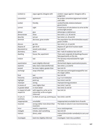 117Academic Vocabulary in Use
contest (v) argue against, disagree with contest / argue against / disagree with a
judgement
convention agreement No written convention/agreement existed
until 1984.
cordial friendly cordial/friendly relations between
governments
correct right It took hours of calculations to arrive at the
correct/right answer.
deliver give deliver/give a talk/lecture
demonstrate show See Units 3, 12, 30 and 42
describe set out See Units 3, 6, 30 and 38
diminish decrease, grow smaller The population has diminished/decreased /
grown smaller.
discuss go into See Units 3, 6, 12 and 40
dispose of get rid of dispose of / get rid of nuclear waste
document (v) record, write about See Unit 27
dormitory dorm BrE = hall of residence See Unit 19
dwelling house, flat, apartment There were originally 50 dwellings/houses/
flats/apartments on the site.
endure last The dynasty endured/lasted for eight
centuries.
examination exam (slightly informal) (formal test) degree examinations/exams
examine take, have a look at(informal) See Units 3, 12 and 42
exceed be more, higher; greater than See Unit 35
exchange swap (informal) The tube was exchanged/swapped for one
of a larger calibre.
final last See Unit 49
hierarchy pecking order e.g. in an institution
highlight point up See Units 6 and 30
improper wrong improper/wrong procedure
in excess of over, higher than See Units 7 and 16
in greater detail in more detail See Units 16 and 50
in respect of, with
respect to
with regard to, as far as X is
concerned, as far as X goes
(informal)
See Unit 16
in sum, in
summary
in short, to sum up, summing up See Units 1 and 49
inappropriate unsuitable inappropriate/unsuitable form of words
incorrect wrong (rather more direct than
incorrect)
The totals in column 3 are incorrect/wrong.
incur result in, experience incur costs/expenses
instigate initiate, start something See Unit 24
instruct direct, order instruct/direct/order somebody to carry out
a task
investigate look into (slightly informal) investigate / look into a problem
 