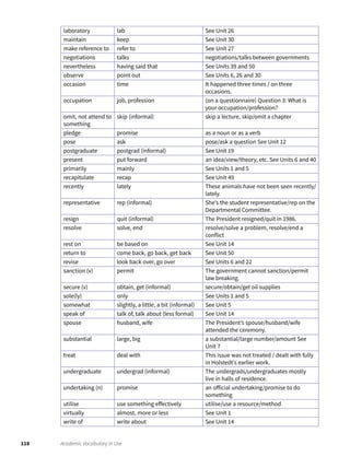 118 Academic Vocabulary in Use
laboratory lab See Unit 26
maintain keep See Unit 30
make reference to refer to See Unit 27
negotiations talks negotiations/talks between governments
nevertheless having said that See Units 39 and 50
observe point out See Units 6, 26 and 30
occasion time It happened three times / on three
occasions.
occupation job, profession (on a questionnaire) Question 3: What is
your occupation/profession?
omit, not attend to
something
skip (informal) skip a lecture, skip/omit a chapter
pledge promise as a noun or as a verb
pose ask pose/ask a question See Unit 12
postgraduate postgrad (informal) See Unit 19
present put forward an idea/view/theory, etc. See Units 6 and 40
primarily mainly See Units 1 and 5
recapitulate recap See Unit 49
recently lately These animals have not been seen recently/
lately.
representative rep (informal) She’s the student representative/rep on the
Departmental Committee.
resign quit (informal) The President resigned/quit in 1986.
resolve solve, end resolve/solve a problem, resolve/end a
conflict
rest on be based on See Unit 14
return to come back, go back, get back See Unit 50
revise look back over, go over See Units 6 and 22
sanction (v) permit The government cannot sanction/permit
law breaking.
secure (v) obtain, get (informal) secure/obtain/get oil supplies
sole(ly) only See Units 1 and 5
somewhat slightly, a little, a bit (informal) See Unit 5
speak of talk of, talk about (less formal) See Unit 14
spouse husband, wife The President’s spouse/husband/wife
attended the ceremony.
substantial large, big a substantial/large number/amount See
Unit 7
treat deal with This issue was not treated / dealt with fully
in Holstedt’s earlier work.
undergraduate undergrad (informal) The undergrads/undergraduates mostly
live in halls of residence.
undertaking (n) promise an official undertaking/promise to do
something
utilise use something effectively utilise/use a resource/method
virtually almost, more or less See Unit 1
write of write about See Unit 14
 