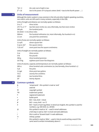 121Academic Vocabulary in Use
3
√8 = 2 the cube root of eight is two
24
= 16 two to the power of 4 is/equals sixteen (AmE = two to the fourth power … )
Units of measurement
Although the metric system is now common in the UK and other English-speaking countries,
non-metric units are still used in many contexts, especially in the USA.
Units of length and distance are normally spoken as follows:
3 in, 3″ three inches
2 ft 7 in, 2′ 7″ two feet seven inches (or, very informally, two foot seven inches)
500 yds five hundred yards
3m (AmE = 3 mi.)three miles
500mm five hundred millimetres (or, more informally, five hundred m-m)
1.5 cm one point five centimetres
Units of area are normally spoken as follows:
11 sq ft eleven square feet
5 sq m, 5m2
five square metres
7.25 cm2
seven point two five square centimetres
Units of weight are normally spoken as follows:
3 oz three ounces
5 lb five pounds
300 g three hundred grammes
18.75 kg eighteen point seven five kilograms
Units of volume, capacity and temperature are normally spoken as follows:
300 cc three hundred cubic centimetres (or, less formally, three hundred c-c)
5 pt five pints
3.2 gal three point two gallons
75 cl seventy-five centilitres
200 I two hundred litres
20° twenty degrees
Common symbols
& ‘ampersand’ - this symbol is read as ‘and’
* asterisk
© copyright symbol
TM trademark symbol
® registered trademark
• bullet point
✓ BrE = tick; AmE = check
✗ BrE = cross; AmE = an ‘X’
# BrE = hash or hash-tag (Note: in American English, this symbol is used for
numbers, e.g. #28 AmE; no. 28 BrE)
@ this symbol is read as ‘at’ – used in email addresses
. a full stop is said as ‘dot’ in email and web addresses
/ this is said as ‘forward slash’ in web addresses
∞ infinity symbol
″ this symbol is read as ‘ditto’ – used in lists to avoid writing a word if the
same word is written immediately above it
E
F
 