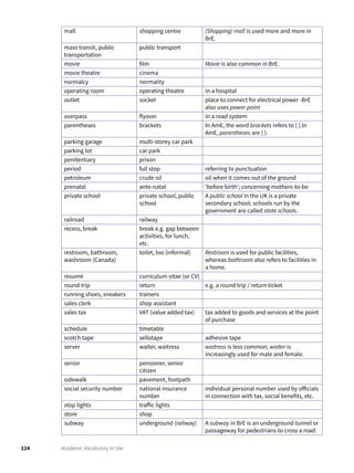 124 Academic Vocabulary in Use
mall shopping centre (Shopping) mall is used more and more in
BrE.
mass transit, public
transportation
public transport
movie film Movie is also common in BrE.
movie theatre cinema
normalcy normality
operating room operating theatre in a hospital
outlet socket place to connect for electrical power -BrE
also uses power point
overpass flyover in a road system
parentheses brackets In AmE, the word brackets refers to [ ].ln
AmE, parentheses are ( ).
parking garage multi-storey car park
parking lot car park
penitentiary prison
period full stop referring to punctuation
petroleum crude oil oil when it comes out of the ground
prenatal ante-natal ‘before birth’; concerning mothers-to-be
private school private school, public
school
A public school in the UK is a private
secondary school; schools run by the
government are called state schools.
railroad railway
recess, break break e.g. gap between
activities, for lunch,
etc.
restroom, bathroom,
washroom (Canada)
toilet, loo (informal) Restroom is used for public facilities,
whereas bathroom also refers to facilities in
a home.
resumé curriculum vitae (or CV)
round trip return e.g. a round trip / return ticket
running shoes, sneakers trainers
sales clerk shop assistant
sales tax VAT (value added tax) tax added to goods and services at the point
of purchase
schedule timetable
scotch tape sellotape adhesive tape
server waiter, waitress waitress is less common; waiter is
increasingly used for male and female.
senior pensioner, senior
citizen
sidewalk pavement, footpath
social security number national insurance
number
individual personal number used by officials
in connection with tax, social benefits, etc.
stop lights traffic lights
store shop
subway underground (railway) A subway in BrE is an underground tunnel or
passageway for pedestrians to cross a road.
 