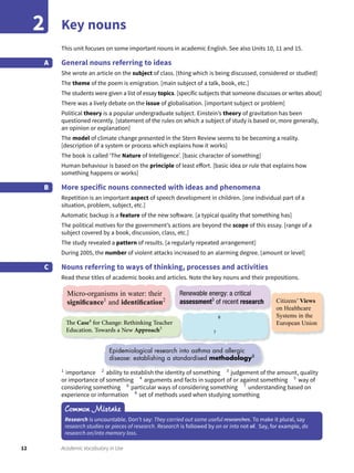 12 Academic Vocabulary in Use
Key nouns2
This unit focuses on some important nouns in academic English. See also Units 10, 11 and 15.
General nouns referring to ideas
She wrote an article on the subject of class. [thing which is being discussed, considered or studied]
The theme of the poem is emigration. [main subject of a talk, book, etc.]
The students were given a list of essay topics. [specific subjects that someone discusses or writes about]
There was a lively debate on the issue of globalisation. [important subject or problem]
Political theory is a popular undergraduate subject. Einstein’s theory of gravitation has been
questioned recently. [statement of the rules on which a subject of study is based or, more generally,
an opinion or explanation]
The model of climate change presented in the Stern Review seems to be becoming a reality.
[description of a system or process which explains how it works]
The book is called ‘The Nature of Intelligence’. [basic character of something]
Human behaviour is based on the principle of least effort. [basic idea or rule that explains how
something happens or works]
More specific nouns connected with ideas and phenomena
Repetition is an important aspect of speech development in children. [one individual part of a
situation, problem, subject, etc.]
Automatic backup is a feature of the new software. [a typical quality that something has]
The political motives for the government’s actions are beyond the scope of this essay. [range of a
subject covered by a book, discussion, class, etc.]
The study revealed a pattern of results. [a regularly repeated arrangement]
During 2005, the number of violent attacks increased to an alarming degree. [amount or level]
Nouns referring to ways of thinking, processes and activities
Read these titles of academic books and articles. Note the key nouns and their prepositions.
A
B
C
1
importance 2
ability to establish the identity of something 3
judgement of the amount, quality
or importance of something 4
arguments and facts in support of or against something 5
way of
considering something 6
particular ways of considering something 7
understanding based on
experience or information 8
set of methods used when studying something
Common Mistake
Research is uncountable. Don’t say: They carried out some useful researches. To make it plural, say
research studies or pieces of research. Research is followed by on or into not of. Say, for example, do
research on/into memory loss.
Micro-organisms in water: their
signiﬁcance1
and identiﬁcation2
The Case4
for Change: Rethinking Teacher
Education. Towards a New Approach5
Epidemiological research into asthma and allergic
disease: establishing a standardised methodology8
Renewable energy: a critical
assessment3
of recent research
6
7
Citizens’ Views
on Healthcare
Systems in the
European Union
 