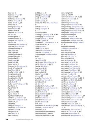 164 Academic Vocabulary in Use
bear out 42
because /bɪˈkəz/ 37
because of 37
behaviour /bɪˈheɪvjə/ 41
behind /bɪˈhaɪnd/ 15
belief /bɪˈliːf/ 11, 29
bell curve 34
belong to /bɪˈlɒŋ/ 38
below /bɪˈləU/ 40
benefit from 14
between /bɪˈtwiːn/ 15
bi- /baɪ/ 17
biased against 32
biased in favour of 32
bilingual /baɪˈlɪŋgwəl/ 17
bill /bɪl/ 23
bi-monthly /ˌbaɪˈmʌnθli/ 17
bird-like /ˈbɜːdˌlaɪk/ 17
blended learning 21
blog /blɒg/ 21
blue collar 38
body of evidence 42
body of literature 27
bombard with 9
bond /bɒnd/ 43
book /bʊk/ 15
borne out by 47
brainstorm /ˈbreɪnstɔːm/ 22
break off contact 10
brief /briːf/ 49, 50
briefly /ˈbriːfli/ 1, 12, 49
bring to a close 49
bring to an end 49
bring together 25, 43
broadly /ˈbrɔːdli/ 5
bulk /bʌlk/ 7
bullet-point /ˈbʊlɪtˌpɔɪnt/ 25
by chance 13
by contrast 46
by far 13
by means of 16
by no means 47
by the same token 39
cafeteria /ˌkæfəˈtɪəriə/ 19
calculate /ˈkælkjʊleɪt/ 3, 33
call for 14, 18
call on 50
campus /ˈkæmpəs/ 21
candidate /ˈkændɪdət/ 20
career /kəˈrɪə/ 18
carry out 6, 50
case /keɪs/ 2, 15
case study 26
cast doubt on 30
catalogue /ˈkætəlɒg/ 27
category /ˈkætəgri/ 38
causal /ˈkɔːzəl/ 26
cause /kɔːz/ 12, 37
cause-and-effect /kɔːz ənd ɪˈfekt/
26
central /ˈsentrəl/ 11
century /ˈsentʃəri/ 36
cf 17
chain reaction 37
challenge /ˈtʃæləndʒ/ 3, 24, 30, 47
challenging /ˈtʃælɪndʒɪŋ/ 10
change /tʃeɪndʒ/ 11, 15, 48
channel /ˈtʃænəl/ 8
characteristic /ˌkærɪktəˈrɪstɪk/ 11, 38
characteristic of 1, 4
charge /tʃɑːdʒ/ 8
check /tʃek/ 6, 26, 42
childhood /ˈtʃaɪldhʊd/ 17
child-like /ˈtʃaɪldlaɪk/ 17
circumstances /ˈsɜːkəmstæntsɪz/
45, 47
cite /saɪt/ 27
claim /kleɪm/ 30
clarification /ˌklærɪfɪˈkeɪʃən/ 18
clarify /ˈklærɪfaɪ/ 17, 25, 31
classify /ˈklæsɪfaɪ/ 3
clear /klɪə/ 42, 50
clearly /ˈklɪəli/ 12
close contact 10
closely /ˈkləʊsli/ 12
co- /kəʊ/ 17
co-author /kəʊˈɔːθər/ 17
coherent /kəUˈhɪərənt/ 31
coincide with 36
col- /kɒlˍ/ 17
collaborate /kəˈlæbəreɪt/ 17
collaboration /kəˌlæbəˈreɪʃən/ 21
collapse /kəˈlæps/ 11
collate /kəˈleɪt/ 10
collect /kəˈlekt/ 10, 25, 42
college /ˈkɒlɪdʒ/ 19
colonise /ˈkɒlənaɪz/ 17
colourless /ˈkʌlələs/ 17
column /ˈkɒləm/ 35
com- /kɒmˍ/ 17
combination of /ˌkɒmbɪˈneɪʃən/ 43
combine /kəmˈbaɪn/ 10, 17
come back to 50
come down on the side of 28
come into contact with 10
come to a conclusion 28, 49
come to light 42
come up with 44
comment /ˈkɒment/ 14, 30, 50
common /ˈkɒmən/ 11, 26
common to 4
commonly /ˈkɒmənli/ 12
comparison /kəmˈpærɪsən/ 46
comparatively /kəmˈpærətɪvli/ 5
compared with/to /kəmˈpeəd/ 46
comparison /kəmˈpærɪsən/ 11, 46
compatible /kəmˈpætɪbəl/ 47
complemented by 43
complex /ˈkɒmpleks/ 4
component /kəmˈpəʊnənt/ 38
comprehend /ˌkɒmprɪˈhend/ 31
comprehensive /ˌkɒmprɪˈhensɪv/
42, 47
computer-mediated
/kəmˈpjuːtəˈmiːdieɪtɪd/ 21
con- /kɒnˍ/ 17
concentrate (on) 14
concept /ˈkɒnsept/ 29
concern /kənˈsɜːn / 11
concerned with 40
concise /kənˈsaɪs/ 31
concisely /kənˈsaɪsli/ 49
conclude /kənˈkluːd/ 49
concluding /kənˈkluːdɪŋ/ 49
conclusion /kənˈkluːʒən/ 28
conclusive /kənˈkluːsɪv/ 10
conclusively /kənˈkluːsɪvli/ 12
concrete /ˈkɒŋkriːt/ 4
concurrent /kənˈkʌrənt/ 36
conditions /kənˈdɪʃənz/ 11, 26, 45
conduct /kənˈdʌkt/ 3, 6, 25, 26
confine to /kənˈfaɪn/ 45
confirm /kənˈfɜːm/ 42
conflict /ˈkɒnflɪkt/ 11, 44
conflicting /kənˈflɪktɪŋ/ 10, 42
connection /kəˈnekʃən/ 12
connotation /ˌkɒnəˈteɪʃən/ 31
consent to /kənˈsent/ 14
consequence /ˈkɒnsɪkwəns/ 11, 37
consequently /ˈkɒnsɪkwəntli/ 37
conservative /kənˈsɜːvətɪv/ 32
conserve /kənˈsɜːv/ 10
consider /kənˈsɪdə/ 3, 40, 42
considerable /kənˈsɪdərəbəl/ 7, 10,
11, 37
considerably /kənˈsɪdərəbli/ 5
consist of /kənˈsɪst/ 6, 38, 40
consistent /kənˈsɪstənt/ 34
consolidated /kənˈsɒlɪdeɪtɪd/ 21
 