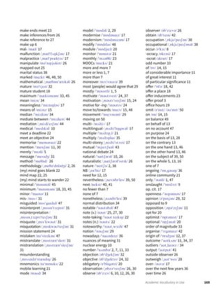 169Academic Vocabulary in Use
make ends meet 23
make inferences from 26
make reference to 27
make up 6
mal- /mæl/ 17
malfunction /ˌmælˈfʌŋkʃən/ 17
malpractice /ˌmælˈpræktɪs/ 17
manipulate /məˈnɪpjʊleɪt/ 26
mapped out 25
marital status 38
marked /mɑːkt/ 46, 48, 50
mathematical /ˌmæθəmˈætɪkəl/ 26
mature /məˈtjʊə/ 32
mature student 18
maximum /ˈmæksɪməm/ 33, 45
mean /miːn/ 34
meaningless /ˈmiːnɪŋləs/ 17
means of /miːnz/ 15
median /ˈmiːdiən/ 34
mediate between /ˈmiːdieɪt/ 44
mediation /ˌmiːdiˈeɪʃən/ 44
medical /ˈmedɪkəl/ 10
meet a deadline 22
meet an objective 24
memorise /ˈmeməraɪz/ 22
mention /ˈmenʃən/ 11, 30
merely /ˈmɪəli/ 5
message /ˈmesɪdʒ/ 31
method /ˈmeθəd/ 26
methodology /ˌmeθəˈdɒlədʒi/ 2, 26
(my) mind goes blank 22
mind map 22, 25
(my) mind starts to wander 22
minimal /ˈmɪnɪməl/ 45
minimum /ˈmɪnɪməm/ 18, 33, 45
minor /ˈmaɪnə/ 11
mis- /mɪsˍ/ 31
misguided /mɪsˈgaɪdɪd/ 47
misinterpret /ˌmɪsɪnˈtɜːprɪt/ 31
misinterpretation /
ˌmɪsɪnˌtɜːprɪˈteɪʃən/ 31
misquote /ˌmɪsˈkwəʊt/ 31
misquotation /ˌmɪskwəʊˈteɪʃən/ 31
mission statement 24
mistaken /mɪˈsteɪkən/ 47
mistranslate /ˌmɪstrænˈsleɪt/ 31
mistranslation /ˌmɪstrænˈsleɪʃən/
31
misunderstanding
/ˌmɪsʌndəˈstændɪŋ/ 26
mnemonics /nɪˈmɒnɪks/ 22
mobile learning 21
mode /məʊd/ 34
model /ˈmɒdəl/ 2, 29
modernise /ˈmɒdənaɪz/ 17
modernism /ˈmɒdənɪzəm/ 17
modify /ˈmɒdɪfaɪ/ 48
module /ˈmɒdjuːl/ 20
monitor /ˈmɒnɪtə/ 21
monthly /ˈmʌnθli/ 23
MOOCs /muːks/ 21
more and more 7
more or less 1, 7
more than 7
moreover /mɔːˈrəʊvə/ 39
most (people) would agree that 29
mostly /ˈməʊstli/ 1, 5
motivate /ˈməʊtɪveɪt/ 24, 37
motivation /ˌməʊtɪˈveɪʃən/ 15, 24
motive for -ing /ˈməʊtɪv/ 24
move to/towards /muːv/ 15, 48
movement /ˈmuːvmənt/ 29
moving on 50
multi- /mʌltiˍ/ 17
multilingual /ˌmʌltiˈlɪŋgwəl/ 17
multiple /ˈmʌltɪpˌl/ 21
multiply /ˈmʌltɪplaɪ/ 35
multi-storey /ˌmʌltiˈstɔːri/ 17
mutual /ˈmjuːtʃuəl/ 43
national debate 24
natural /ˈnætʃərəl/ 10, 26
naturalistic /ˌnætʃərəlˈɪstɪk/ 26
nature /ˈneɪtʃə/ 2, 38
NB /ˌenˈbiː/ 17
need for 12, 15
nevertheless /ˌnevəðəˈles/ 39, 50
next /nekst/ 40, 41
no fewer than 7
none of 7
nonetheless /ˌnʌnðəˈles/ 39
normal distribution 34
notable /ˈnəʊtəbəl/ 47
note (v.) /nəʊt/ 25, 27, 30
note-taking /ˈnəʊt teɪkɪŋ/ 22
notes (n.) /nəʊts/ 22
noteworthy /ˈnəʊtˌwɜːði/ 47
notion /ˈnəʊʃən/ 29
nowadays /ˈnaʊədeɪz/ 36
nuances of meaning 31
nuclear energy 10
number /ˈnʌmbə/ 2, 7, 11, 33
objection /əbˈdʒekʃən/ 32
objective /əbˈdʒektɪv/ 24, 32
obligatory /əˈblɪgətri/ 20
observation /ˌɒbzəˈveɪʃən/ 26, 30
observe /əbˈzɜːv/ 6, 10, 12, 26, 30
observer /əbˈzɜːvə/ 26
obtain /əbˈteɪn/ 42
occupation /ˌɒkjʊˈpeɪʃən/ 38
occupational /ˌɒkjʊˈpeɪʃənəl/ 38
occur /əˈkɜː/ 8
-ocracy /ɒkrəsi/ 17
-ocrat /əkræt/ 17
odd number 33
of /ɒv/ 14, 15
of considerable importance 11
of great interest 11
of particular significance 11
offer /ˈɒfə/ 18, 42
offer a place 18
offer inducements 23
offer proof 3
office hours 19
omit /əˈmɪt/ /əʊˈmɪt/ 50
on /ɒn/ 14, 15
on balance 49
on behalf of 13
on no account 47
on purpose 24
on the basis of 13, 28
on the contrary 13
on the one hand 13, 46
on the other hand 13, 46
on the subject of 39, 50
on the whole 5, 13, 16
one of 7
ongoing /ˈɒnˌgəʊɪŋ/ 36
online community 21
only /ˈəʊnli/ 1, 47
onslaught /ˈɒnslɔːt/ 9
op. cit. 17
openness /ˈəʊpənnəs/ 17
opinion /əˈpɪnjən/ 29, 32
opposed to 9
opposition /ˌɒpəˈzɪʃən/ 11
opt for 20
optimist /ˈɒptɪmɪst/ 17
optional /ˈɒpʃənəl/ 20
order of magnitude 33
organise /ˈɔːgənaɪz/ 42
origin of /ˈɒrɪdʒɪn/ 12, 37
outcome /ˈaʊtkʌm/ 11, 34, 37
outliers /ˈaʊtˌlaɪərz / 34
output /ˈaʊtpʊt/ 41
outside observer 26
outweigh /ˌaʊtˈweɪ/ 28
over- /əʊvə/ 17
over the next few years 36
over time 26
 