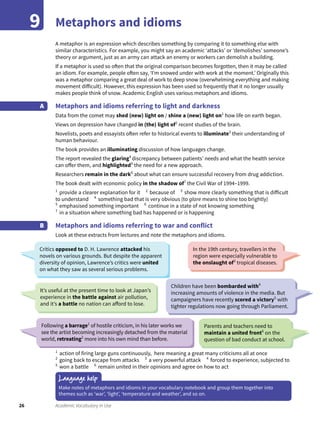 26 Academic Vocabulary in Use
Metaphors and idioms9
A metaphor is an expression which describes something by comparing it to something else with
similar characteristics. For example, you might say an academic ‘attacks’ or ‘demolishes’ someone’s
theory or argument, just as an army can attack an enemy or workers can demolish a building.
If a metaphor is used so often that the original comparison becomes forgotten, then it may be called
an idiom. For example, people often say, ‘I’m snowed under with work at the moment.’ Originally this
was a metaphor comparing a great deal of work to deep snow (overwhelming everything and making
movement difficult). However, this expression has been used so frequently that it no longer usually
makes people think of snow. Academic English uses various metaphors and idioms.
Metaphors and idioms referring to light and darkness
Data from the comet may shed (new) light on / shine a (new) light on1
how life on earth began.
Views on depression have changed in (the) light of2
recent studies of the brain.
Novelists, poets and essayists often refer to historical events to illuminate3
their understanding of
human behaviour.
The book provides an illuminating discussion of how languages change.
The report revealed the glaring4
discrepancy between patients’ needs and what the health service
can offer them, and highlighted5
the need for a new approach.
Researchers remain in the dark6
about what can ensure successful recovery from drug addiction.
The book dealt with economic policy in the shadow of7
the Civil War of 1994–1999.
1
provide a clearer explanation for it 2
because of 3
show more clearly something that is difficult
to understand 4
something bad that is very obvious (to glare means to shine too brightly)
5
emphasised something important 6
continue in a state of not knowing something
7
in a situation where something bad has happened or is happening
Metaphors and idioms referring to war and conflict
Look at these extracts from lectures and note the metaphors and idioms.
A
B
Critics opposed to D. H. Lawrence attacked his
novels on various grounds. But despite the apparent
diversity of opinion, Lawrence’s critics were united
on what they saw as several serious problems.
In the 19th century, travellers in the
region were especially vulnerable to
the onslaught of3
tropical diseases.
Children have been bombarded with4
increasing amounts of violence in the media. But
campaigners have recently scored a victory5
with
tighter regulations now going through Parliament.
Parents and teachers need to
maintain a united front6
on the
question of bad conduct at school.
It’s useful at the present time to look at Japan’s
experience in the battle against air pollution,
and it’s a battle no nation can afford to lose.
Following a barrage1
of hostile criticism, in his later works we
see the artist becoming increasingly detached from the material
world, retreating2
more into his own mind than before.
1
action of firing large guns continuously, here meaning a great many criticisms all at once
2
going back to escape from attacks 3
a very powerful attack 4
forced to experience, subjected to
5
won a battle 6
remain united in their opinions and agree on how to act
Language help
Make notes of metaphors and idioms in your vocabulary notebook and group them together into
themes such as ‘war’, ‘light’, ‘temperature and weather’, and so on.
 