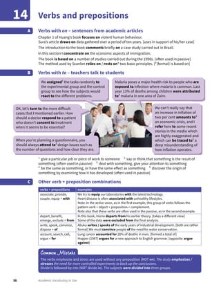 36 Academic Vocabulary in Use
Verbs and prepositions14
Verbs with on – sentences from academic articles
Chapter 1 of Huang’s book focuses on violent human behaviour.
Sura’s article draws on data gathered over a period of ten years. [uses in support of his/her case]
The introduction to the book comments briefly on a case study carried out in Brazil.
In this section I concentrate on the economic aspects of immigration.
The book is based on a number of studies carried out during the 1990s. [often used in passive]
The method used by Scanlon relies on / rests on* two basic principles. [*(formal) is based on]
Verbs with to – teachers talk to students
A
B
1
give a particular job or piece of work to someone 2
say or think that something is the result of
something (often used in passive) 3
deal with something, give your attention to something
4
be the same as something, or have the same effect as something 5
discover the origin of
something by examining how it has developed (often used in passive)
Other verb + preposition combinations
verbs + prepositions examples
associate, provide,
couple, equip + with
We try to equip our laboratories with the latest technology.
Heart disease is often associated with unhealthy lifestyles.
Note: In the active voice, as in the first example, this group of verbs follows the
pattern verb + object + preposition + complement.
Note also that these verbs are often used in the passive, as in the second example.
depart, benefit,
emerge, exclude + from
In this book, Herne departs from his earlier theory. [takes a different view]
Some of the data were excluded from the final analysis.
write, speak, convince,
dispose + of
Abuka writes / speaks of the early years of industrial development. [both are rather
formal] We must convince people of the need for water conservation.
account, search, call,
argue + for
Lung cancer accounted for 20% of deaths in men. [formed a total of]
Hopper (1987) argues for a new approach to English grammar. [opposite: argue
against]
C
Common Mistake
The verbs emphasise and stress are used without any preposition (NOT on). The study emphasises /
stresses the need for more controlled experiments to back up the conclusions.
Divide is followed by into (NOT divide in). The subjects were divided into three groups.
We assigned1
the tasks randomly to
the experimental group and the control
group to see how the subjects would
react to the different problems.
Malaria poses a major health risk to people who are
exposed to infection where malaria is common. Last
year 13% of deaths among children were attributed
to2
malaria in one area of Zaire.
We can’t really say that
an increase in inflation of
two per cent amounts to4
an economic crisis, and I
refer here to some recent
stories in the media which
are highly exaggerated and
which can be traced to5
a
deep misunderstanding of
how inflation operates.
When you’re planning a questionnaire, you
should always attend to3
design issues such as
the number of questions and how clear they are.
OK, let’s turn to the more difficult
cases that I mentioned earlier. How
should a doctor respond to a patient
who doesn’t consent to treatment
when it seems to be essential?
 