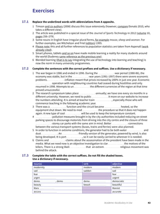 Exercises
43Academic Vocabulary in Use
Replace the underlined words with abbreviations from A opposite.
1 Timson and co-authors (2008) discuss this issue extensively (however, compare Donato 2010, who
takes a different view).
2 The article was published in a special issue of the Journal of Sports Technology in 2012 (volume 10,
pages 256–279).
3 Some nouns in English have irregular plural forms, for example mouse, sheep and woman. For
further examples, see Mitchelson and Friel (editors) 1995.
4 Please note: this and all further references to population statistics are taken from Aspenall (work
already cited).
5 Smart phones, tablets and so on have made mobile learning a reality for many students around
the world (Dudeney same reference as the previous one).
6 Blended learning (that is to say integrating the use of technology into learning and teaching) is
now the norm in many university programmes.
Complete the sentences with the correct prefixes and suffixes. Use a dictionary if necessary.
1 The war began in 1986 and ended in 1990. During the -war period (1980-86), the
economy was stable, but in the -war years (1991-1997) there were severe economic
problems. -inflation meant that prices increased by 200% in just one year. Economic
operation with neighbouring countries had ceased during hostilities and only
resumed in 1998. Attempts to un the different currencies of the region at that time
proved unsuccessful.
2 The research symposium takes place -annually; we have one every six months in a
different university. However, we need to public it more on our website to increase
the numbers attending. It is aimed at teacher train , especially those who will
commence teaching in the following academic year.
3 There was a function and the circuit became heated, so the
equipment shut down. We need to mod the procedure so that it does not happen
again. A new type of cool will be used to keep the temperature constant.
4 -pollution measures brought in by the city authorities included reducing on-street
parking spaces to discourage motorists from driving into the city centre and the closure of three
-storey car parks with the same aim in mind. Better -connections
between the various transport systems (buses, trains and ferries) were also planned.
5 In order to function in extreme conditions, the generator had to be both water and
dust . An -friendly version of the generator, powered by wind, is also
being developed. It is port , so it can be easily carried to wherever it is needed.
6 Claims and -claims about the assassination of the president have been made in the
media. What we need now is an objective investigation to clar the motives of the
killers. There is a strong likeli that an extrem religious movement was
behind the attack.
Complete the table with the correct suffixes. Do not fill the shaded boxes.
Use a dictionary if necessary.
noun(s) verb adjective
modernity modern modern
sad sadden sad
fear fear
urgen urgent
demo , demo demo democratic
beauty beauti beautiful
Marx Marxist
accura accurate
17.1
17.2
17.3
 