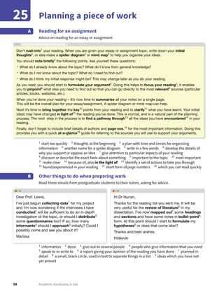 58 Academic Vocabulary in Use
Planning a piece of work25
Reading for an assignment
Advice on reading for an essay or assignment
A
1
start too quickly 2
thoughts at the beginning 3
a plan with lines and circles for organising
information 4
another name for a spider diagram 5
write in a few words 6
develop the details of
why you support or oppose an idea 7
give attention to particular aspects of your reading
8
discover or describe the exact facts about something 9
important to the topic 10
most important
11
make clear 12
because of; also in the light of 13
identify a set of actions to take you through
14
found/experienced in your reading 15
short form of page numbers 16
which you can read quickly
Other things to do when preparing work
Read these emails from postgraduate students to their tutors, asking for advice.
B
1
information 2
done 3
give out to several people 4
people who give information that you need
5
speak to or write to 6
a report giving your opinion of the reading you have done 7
planned in
detail 8
a small, black circle, used in text to separate things in a list 9
ideas which you have not
yet proved
Don’t rush into1
your reading. When you are given your essay or assignment topic, write down your initial
thoughts2
, or else make a spider diagram3
or mind map4
to help you organise your ideas.
You should note brieﬂy5
the following points. Ask yourself these questions:
· What do I already know about the topic? What do I know from general knowledge?
· What do I not know about the topic? What do I need to ﬁnd out?
· What do I think my initial response might be? This may change later as you do your reading.
As you read, you should start to formulate your argument6
. Doing this helps to focus your reading7
; it enables
you to pinpoint8
what else you need to ﬁnd out so that you can go directly to the most relevant9
sources (particular
articles, books, websites, etc.).
When you’ve done your reading – It’s now time to summarise all your notes on a single page.
This will be the overall plan for your essay/assignment. A spider diagram or mind map can help.
Next it’s time to bring together the key10
points from your reading and to clarify11
what you have learnt. Your initial
ideas may have changed in light of12
the reading you’ve done. This is normal, and is a natural part of the planning
process. The next step in the process is to ﬁnd a pathway through13
all the ideas you have encountered14
in your
reading.
Finally, don’t forget to include brief details of authors and page nos.15
for the most important information. Doing this
provides you with a quick at-a-glance16
guide for referring to the sources you will use to support your arguments.
Dear Prof. Lewis,
I’ve just begun collecting data1
for my project
and I’m now wondering if the interviews I have
conducted2
will be sufﬁcient to do an in-depth
investigation of the topic, or should I distribute3
some questionnaires too? If so, how many
informants4
should I approach5
initially? Could I
possibly come and see you about it?
Marissa
Hi Dr Nunan,
Thanks for the reading list you sent me. It will be
very useful for the review of literature6
in my
dissertation. I’ve now mapped out7
some headings
and sections and have some notes in bullet-point8
form. At this point should I start to formulate my
hypotheses9
or does that come later?
Thanks and best wishes,
Hideyuki
 