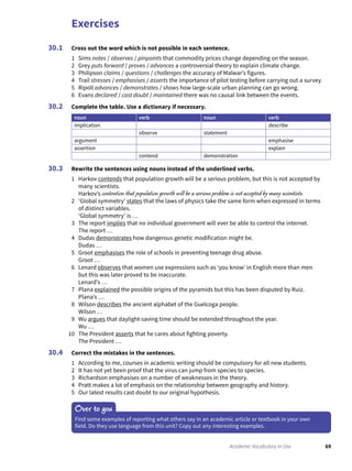 Exercises
69Academic Vocabulary in Use
Cross out the word which is not possible in each sentence.
1 Sims notes / observes / pinpoints that commodity prices change depending on the season.
2 Grey puts forward / proves / advances a controversial theory to explain climate change.
3 Philipson claims / questions / challenges the accuracy of Malwar’s figures.
4 Trail stresses / emphasises / asserts the importance of pilot testing before carrying out a survey.
5 Ripoll advances / demonstrates / shows how large-scale urban planning can go wrong.
6 Evans declared / cast doubt / maintained there was no causal link between the events.
Complete the table. Use a dictionary if necessary.
noun verb noun verb
implication describe
observe statement
argument emphasise
assertion explain
contend demonstration
Rewrite the sentences using nouns instead of the underlined verbs.
1 Harkov contends that population growth will be a serious problem, but this is not accepted by
many scientists.
Harkov’s contention that population growth will be a serious problem is not accepted by many scientists.
2 ‘Global symmetry’ states that the laws of physics take the same form when expressed in terms
of distinct variables.
‘Global symmetry’ is …
3 The report implies that no individual government will ever be able to control the internet.
The report …
4 Dudas demonstrates how dangerous genetic modification might be.
Dudas …
5 Groot emphasises the role of schools in preventing teenage drug abuse.
Groot …
6 Lenard observes that women use expressions such as ‘you know’ in English more than men
but this was later proved to be inaccurate.
Lenard’s …
7 Plana explained the possible origins of the pyramids but this has been disputed by Ruiz.
Plana’s …
8 Wilson describes the ancient alphabet of the Guelcoga people.
Wilson …
9 Wu argues that daylight-saving time should be extended throughout the year.
Wu …
10 The President asserts that he cares about fighting poverty.
The President …
Correct the mistakes in the sentences.
1 According to me, courses in academic writing should be compulsory for all new students.
2 It has not yet been proof that the virus can jump from species to species.
3 Richardson emphasises on a number of weaknesses in the theory.
4 Pratt makes a lot of emphasis on the relationship between geography and history.
5 Our latest results cast doubt to our original hypothesis.
30.1
30.2
30.3
30.4
Over to you
Find some examples of reporting what others say in an academic article or textbook in your own
field. Do they use language from this unit? Copy out any interesting examples.
 