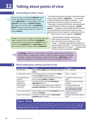 72 Academic Vocabulary in Use
Talking about points of view32
Commenting on others’ viewsA
Word combinations relating to points of view
word combination example meaning
to hold views My grandfather holds some surprisingly progressive
views.
has ..... opinions
to adopt/take a stance It is important that the university should adopt a
principled stance towards research.
take a .... position
to change/shift your
position
Luisa was initially totally opposed to the idea but
she has slightly shifted her position.
changed her point of view a
little
have ethical
objections to
Increasing numbers of people have ethical
objections to the war.
dislike for reasons relating to
morality
the principles
underlying
‘Treat others as you would like to be treated’ is a
principle underlying much religious teaching.
basic idea lying behind
something. You can also say
the underlying principles.
to encounter prejudice Female students in the 1920s encountered a certain
amount of prejudice.
experienced unreasonable
negative behaviour
deep-rooted prejudice John does not share his father’s deep-rooted
prejudices against women.
strong, unreasonably negative
views
B
No one can have a completely objective1
point
of view. Inevitably, we all see things to some
extent subjectively2
. It is impossible to be truly
impartial3
. We tend to be biased in favour
of4
things we’re familiar with and prejudiced
against5
things we have little experience of. Of
course, everyone believes their own views are
totally rational6
.
1
not influenced by personal beliefs or attitudes, based
only on facts; opposite = subjective 2
in a way that
is influenced by personal beliefs or attitudes 3
not
supporting one person or group more than others
4
showing an unreasonable liking for something based
on personal beliefs or opinions; opposite = biased
against 5
showing an unreasonable dislike for, based
on personal beliefs or opinions (stronger and more
pejorative than biased); opposite = prejudiced in favour
of 6
based only on reason; opposite = irrational
1
set of principles or beliefs on the basis of
which opinions are formed 2
believing that
there should be extreme political or social
change 3
(disapproving) opposed to political or
social change or new ideas 4
not inclined to trust
change, especially if it is sudden 5
(disapproving)
lacking in experience; opposite = mature
People’s views tend to change as they grow older and
begin looking at life from a different standpoint1
.
Young people are more likely to be radical2
but then
become more reactionary3
or conservative4
with
age, considering their younger opinions immature5
.
An ideology is a theory or set of beliefs or principles, particularly one on which a
political system or organisation is based. It often has slightly negative associations
in English, implying something that is rigid and restricting. A philosophy, on the
other hand, suggests a set of beliefs that is much more thoughtful and serious.
Common Mistake
You can say in my opinion but NOT in my point of view. You can say from (someone’s) point of view but it
means from that person’s way of looking at something rather than in that person’s opinion. From the
language teacher’s point of view, it’s good that all children have to learn a foreign language at school.
 