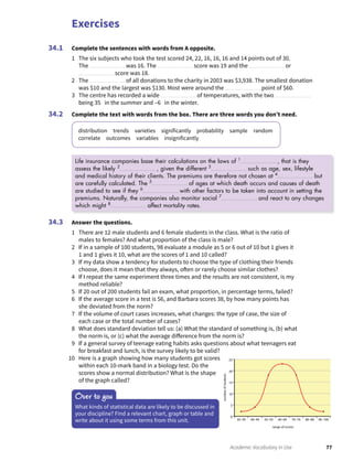 Exercises
77Academic Vocabulary in Use
Complete the sentences with words from A opposite.
1 The six subjects who took the test scored 24, 22, 16, 16, 16 and 14 points out of 30.
The was 16. The score was 19 and the or
score was 18.
2 The of all donations to the charity in 2003 was $3,938. The smallest donation
was $10 and the largest was $130. Most were around the point of $60.
3 The centre has recorded a wide of temperatures, with the two
being 35 in the summer and –6 in the winter.
Complete the text with words from the box. There are three words you don’t need.
distribution trends varieties significantly probability sample random
correlate outcomes variables insignificantly
34.1
34.2
Answer the questions.
1 There are 12 male students and 6 female students in the class. What is the ratio of
males to females? And what proportion of the class is male?
2 If in a sample of 100 students, 98 evaluate a module as 5 or 6 out of 10 but 1 gives it
1 and 1 gives it 10, what are the scores of 1 and 10 called?
3 If my data show a tendency for students to choose the type of clothing their friends
choose, does it mean that they always, often or rarely choose similar clothes?
4 If I repeat the same experiment three times and the results are not consistent, is my
method reliable?
5 If 20 out of 200 students fail an exam, what proportion, in percentage terms, failed?
6 If the average score in a test is 56, and Barbara scores 38, by how many points has
she deviated from the norm?
7 If the volume of court cases increases, what changes: the type of case, the size of
each case or the total number of cases?
8 What does standard deviation tell us: (a) What the standard of something is, (b) what
the norm is, or (c) what the average difference from the norm is?
9 If a general survey of teenage eating habits asks questions about what teenagers eat
for breakfast and lunch, is the survey likely to be valid?
10 Here is a graph showing how many students got scores
within each 10-mark band in a biology test. Do the
scores show a normal distribution? What is the shape
of the graph called?
34.3
Over to you
What kinds of statistical data are likely to be discussed in
your discipline? Find a relevant chart, graph or table and
write about it using some terms from this unit.
Life insurance companies base their calculations on the laws of 1
, that is they
assess the likely 2
, given the different 3
such as age, sex, lifestyle
and medical history of their clients. The premiums are therefore not chosen at 4
but
are carefully calculated. The 5
of ages at which death occurs and causes of death
are studied to see if they 6
with other factors to be taken into account in setting the
premiums. Naturally, the companies also monitor social 7
and react to any changes
which might 8
affect mortality rates.
0
30–39
5
10
15
20
25
40–49 50–59
range of scores
numberofstudents
60–69 70–79 80–89 90–100
 