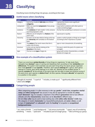 84 Academic Vocabulary in Use
Classifying38
Classifying means dividing things into groups, according to their type.
Useful nouns when classifying
word example meaning
category Each of our students falls into one of three
categories.
a group that shares some significant
characteristics
component Milk is an essential component of any young
child’s diet.
a part which combines with other parts to
create something bigger
existence The existence of ‘dark matter’ in the universe
was first proposed in 1933.
the fact that something or someone is or exists
feature Effective use of metaphor is a feature of the
poet’s style.
typical part or quality
hierarchy Humans can be described as being at the top
of a hierarchy with amoebas on the bottom
level.
system in which people or things are arranged
according to their importance or power
nature The nature of her work means that she is
under a lot of stress.
type or main characteristic of something
structure In this unit we shall be looking at the
structure of the heart.
the way in which the parts of a system are
arranged
type The lion is one type of large cat. group with similar characteristics, a smaller
division of a larger set
One example of a classification system
A
B
1
thought of, invented 2
is part of 3
includes, is made up of 4
significantly different from
5
place (also assign)
Categorising peopleC
1
sex, male or female 2
racial background 3
city versus countryside 4
aspect, way of considering
something 5
means 6
paid work 7
included as part of a larger group 8
title summing up a group
There is an enormous variety/diversity of living things (or organisms). To help study them,
biologists have devised1
ways of naming and classifying them according to their similarities and
differences. The system most scientists use puts each living thing into seven groups organised
from most general to most speciﬁc. Therefore, each species belongs to2
a genus, each genus
belongs to a family, each family belongs to an order, etc. Species are the smallest groups. A
species consists of3
all the animals of the same type who are able to breed and produce young of
the same kind; each species is distinct from4
all other species. Biologists allocate5
all organisms
to a position in this system.
2 3
When categorising people, it is often necessary to take age, gender1
, social class, occupation, marital
status and ethnic background2
into account. It may also be appropriate to consider the urban-
rural3
dimension4
. Age, for example, is important in that different generations tend to have different
attitudes and other characteristics. Social class can be described in different ways;
the term blue collar may be used to mean working class while white collar denotes5
middle class.
The categories of student, homemaker (i.e. housewife/househusband), and senior citizen, as well
as types of employment6
are subsumed7
under the heading8
of occupation or occupational
background/status.
 