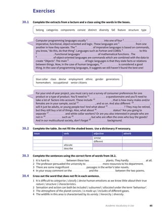 Exercises
85Academic Vocabulary in Use
Complete the extracts from a lecture and a class using the words in the boxes.
belong categories components consist distinct diversity fall feature structure type
38.1
blue collar class devise employment ethnic gender generations
homemakers occupational senior citizens
Complete the table. Do not fill the shaded boxes. Use a dictionary if necessary.
noun verb adjective adverb
similar
different
allocate
describe
Complete the sentences using the correct form of words from 38.2.
1 It is hard to between these two plants. They hardly at all.
2 The professor persuaded the university to more resources to his department.
3 There are some magnificent passages in the writer’s later novels.
4 In your essay comment on the and the between the two poems.
Cross out the word that does not fit in each sentence.
1 It is difficult to categorise / classify / devise human emotions as we know little about their true
nature / structure / characteristics.
2 Sensation and action can both be included / subsumed / allocated under the term ‘behaviour’.
3 The atmosphere of the planet consists / is made up / includes of different gases.
4 The wildlife in this area is characterised by its variety / hierarchy / diversity.
38.2
38.3
38.4
Computer programming languages usually 1
into one of four 2
:
imperative, functional, object-oriented and logic. These languages are 3
from one
another in how they operate. The 4
of imperative languages is based on commands,
you know, “do this, do that thing”. Languages such as Fortran and COBOL 5
to this
6
. Functional languages 7
of mathematical functions . The
8
of object-oriented languages are commands which are combined with the data to
create “Objects”. The main 9
of logic languages is that they state facts or relations
between things. Now, in the case of human languages, 10
is considered a good
thing. In the case of programming languages, it suggests we still haven’t found the best one!
For your end-of-year project, you must carry out a survey of consumer preferences for one
product or a type of product. You’ll need to 11
a questionnaire and you’ll need to
take a lot of factors into account. These include 12
, that is how many males and/or
females are in your sample, social 13
, and so on. And also different 14
;
will it just be adults, or young people too? And what about 15
? They may be retired,
but they still buy a lot of things. Also, what about 16
status? ‘Are you going to
separate 17
and white collar workers? Or are you also interested in people who are
not in 18
such as 19
, but who are often the ones who buy the goods?
And in our multicultural society, don’t forget 20
background.
 