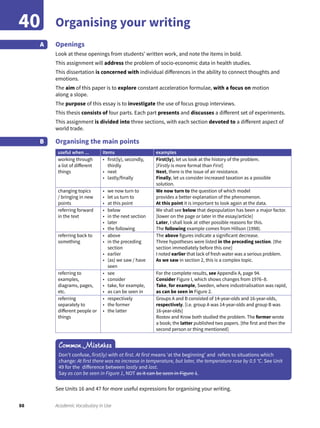 88 Academic Vocabulary in Use
Organising your writing40
Openings
Look at these openings from students’ written work, and note the items in bold.
This assignment will address the problem of socio-economic data in health studies.
This dissertation is concerned with individual differences in the ability to connect thoughts and
emotions.
The aim of this paper is to explore constant acceleration formulae, with a focus on motion
along a slope.
The purpose of this essay is to investigate the use of focus group interviews.
This thesis consists of four parts. Each part presents and discusses a different set of experiments.
This assignment is divided into three sections, with each section devoted to a different aspect of
world trade.
Organising the main points
useful when ... Items examples
working through
a list of different
things
• first(ly), secondly,
thirdly
• next
• lastly/finally
First(ly), let us look at the history of the problem.
[Firstly is more formal than First]
Next, there is the issue of air resistance.
Finally, let us consider increased taxation as a possible
solution.
changing topics
/ bringing in new
points
• we now turn to
• let us turn to
• at this point
We now turn to the question of which model
provides a better explanation of the phenomenon.
At this point it is important to look again at the data.
referring forward
in the text
• below
• in the next section
• later
• the following
We shall see below that depopulation has been a major factor.
[lower on the page or later in the essay/article]
Later, I shall look at other possible reasons for this.
The following example comes from Hillson (1998).
referring back to
something
• above
• in the preceding
section
• earlier
• (as) we saw / have
seen
The above figures indicate a significant decrease.
Three hypotheses were listed in the preceding section. [the
section immediately before this one]
I noted earlier that lack of fresh water was a serious problem.
As we saw in section 2, this is a complex topic.
referring to
examples,
diagrams, pages,
etc.
• see
• consider
• take, for example,
• as can be seen in
For the complete results, see Appendix A, page 94.
Consider Figure I, which shows changes from 1976–8.
Take, for example, Sweden, where industrialisation was rapid,
as can be seen in Figure 2.
referring
separately to
different people or
things
• respectively
• the former
• the latter
Groups A and B consisted of 14-year-olds and 16-year-olds,
respectively. [i.e. group A was 14-year-olds and group B was
16-year-olds]
Rostov and Krow both studied the problem. The former wrote
a book; the latter published two papers. [the first and then the
second person or thing mentioned]
A
B
Common Mistakes
Don’t confuse, first(ly) with at first. At first means ‘at the beginning’ and refers to situations which
change: At first there was no increase in temperature, but later, the temperature rose by 0.5 °C. See Unit
49 for the difference between lastly and last.
Say as can be seen in Figure 1, NOT as it can be seen in Figure 1.
See Units 16 and 47 for more useful expressions for organising your writing.
 
